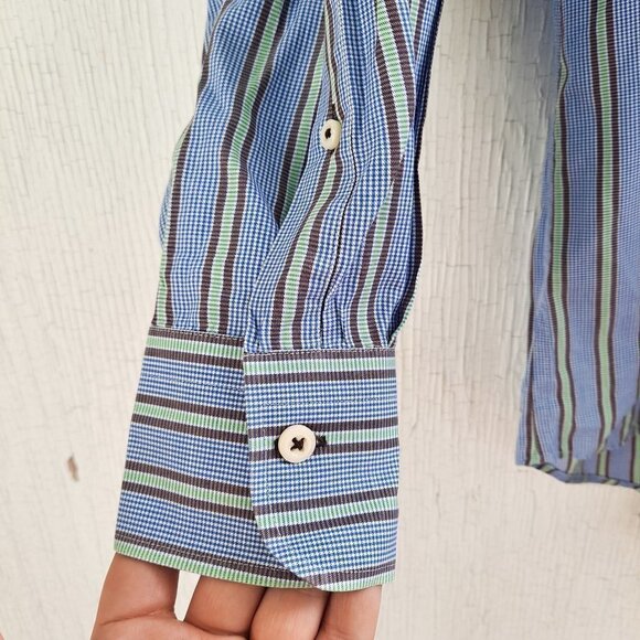 Peter Millar Blue Green Striped Button Down 100% Cotton Medium Long Sleeve Shirt - Picture 4 of 7